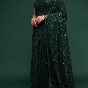 Sequins Shimmer Dark Green Georgette Sare | Thread Sequin Embroidery | Elegant Party Sari for Receptions, Bridesmaids & Evening Functions
