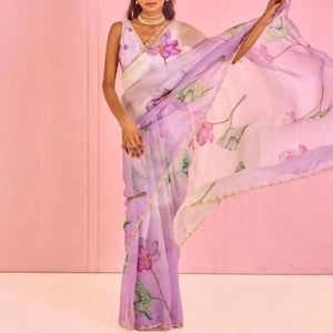Sari de organza floral / Saree ligero y transparente con trabajo de cuentas y perlas / Sari suave para bodas y fiestas / Diseño Cordet Shaari / Traje personalizado