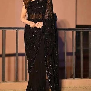 Black Sequined Georgette Saree, Blouse | Elegant Indian Ethnic Wear for Women | Perfect for Weddings, Parties, Festivals & Special Occasions