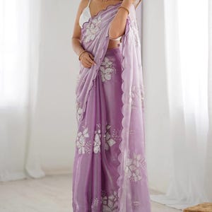 Designer Lavender Zimmy Choo Sequin Saree | Satin Silk Blouse | Elegant Arco Border Embroidery | Indian Party Sari | Festive & Wedding Sari