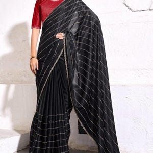 Black Satin Saree with Ready to Wear Designer Zarkan Handwork & Contrast Blouse | Party Wear Saree for Weddings, Receptions Bridesmaids Sari