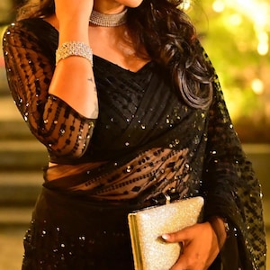 Black Sequined Shimmer Saree, Blouse | Elegant Indian Ethnic Wear for Women | Perfect for Weddings, Parties, Festivals & Special Occasions