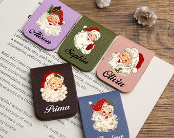 Personalized Christmas Magnetic Bookmark, Custom Name Santa Leather Page Marker, Stocking Stuffer Gift for Book Lover Reader Teacher