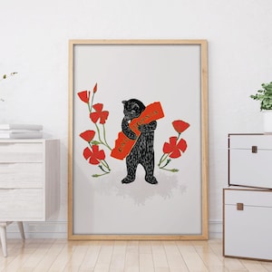 J'aime l'impression encadrée en bois de câlin d'ours de Californie, pavot de Californie, illustration d'ours de Californie, art imprimable de coquelicots de Californie