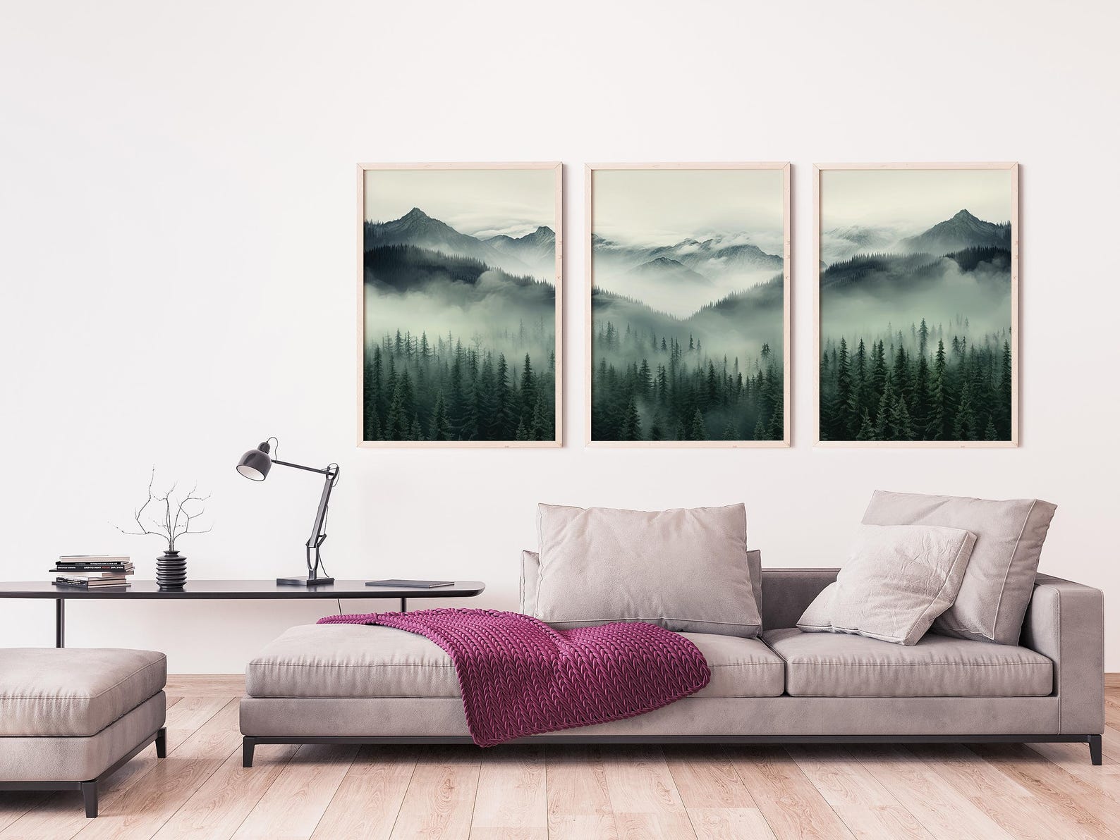 Great Smoky Mountains National Park Wooden Framed Set of 3 Extra Large Watercolor Prints, Canvas Rolled Poster - Natural Wooden Frame, 50x70cm - 20"x28"