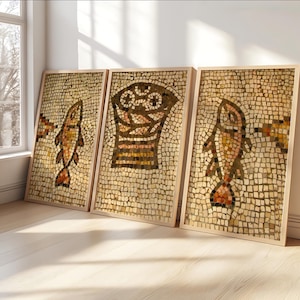 Jesus Feeds The 5000 Mosaik Wandkunst 3er-Set, religiöses Bibeldekor mit Holzrahmen, schwarze Leinwanddrucke
