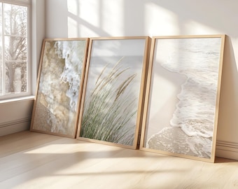 Beach Coastal Wooden Framed Print Set of 3 Wall Art Ocean Print Set Bedroom Boho Decor Neutral Living Room Wall Art Grass Print