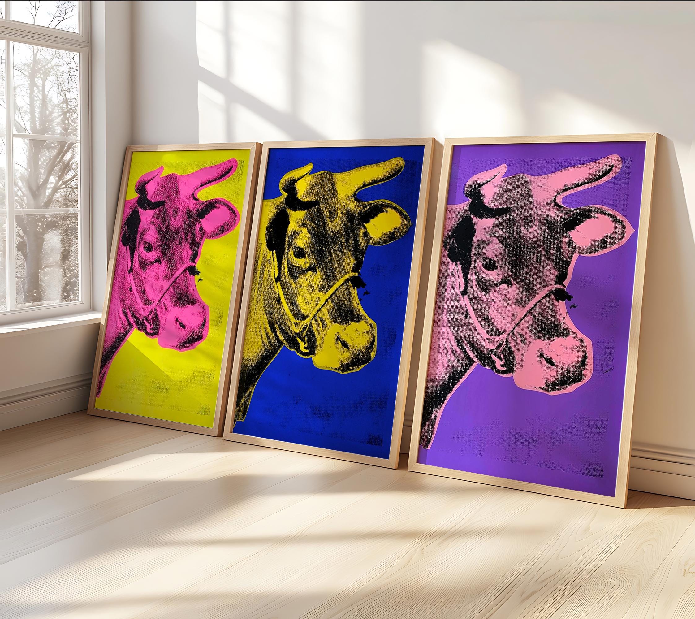 Cow 1966, 1971, 1976 by Andy Warhol Set of 3 , Wooden Framed Art