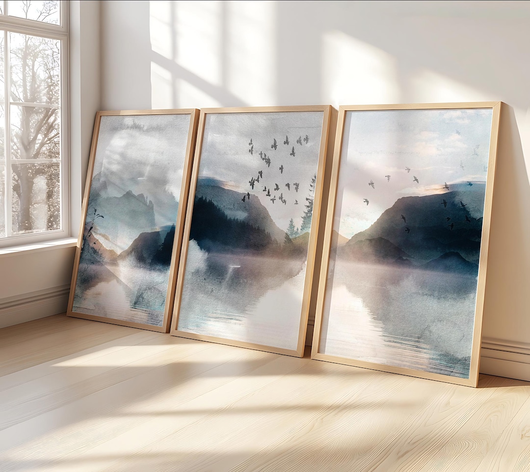 Mountain Lake Wall Art Set of 3 , Minimalist Watercolour Landscape ...