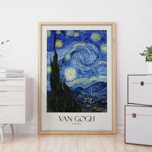Art encadré en bois de Van Gogh Nuit étoilée, affiche d'étoiles du ciel nocturne, paysage bleu, peinture à l'huile, décoration d'intérieur française, art mural estival