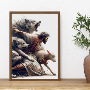 Puede incluir: Una obra de arte enmarcada representa una figura con t&uacute;nicas protegiendo a un cordero de lobos gru&ntilde;endo. La obra presenta una paleta de tonos apagados, con la figura central con prendas rojas y blancas. Los lobos son grises y el cordero es blanco.