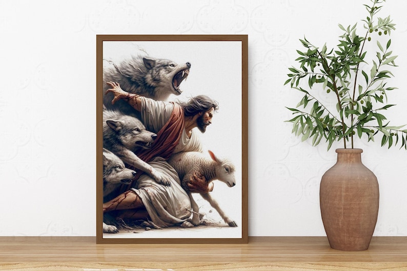 Puede incluir: Una obra de arte enmarcada representa una figura con t&uacute;nicas protegiendo a un cordero de lobos gru&ntilde;endo. La obra presenta una paleta de tonos apagados, con la figura central con prendas rojas y blancas. Los lobos son grises y el cordero es blanco.