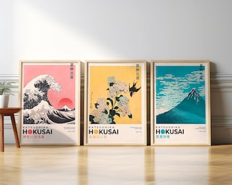 Katsushika Hokusai Wooden Set of 3 Print, Japanese Print Set, Gallery Wall Set, Hokusai Print, Japanese Poster, Colorful Poster Set