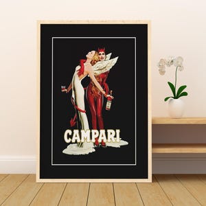 Stampa con cornice in legno "Campari Vintage Devil And Angel", decorazione murale per cibo e bevande, poster pubblicitario di alcolici