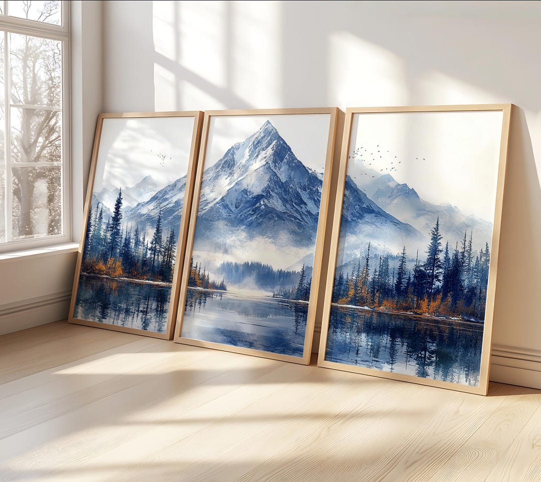 Snow Mountain Lake 3 Piece Wooden Framed Art | Watercolor Mountain ...