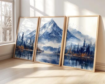 Snow Mountain Lake  3 Piece Wooden Framed Art | Watercolor Mountain Landscape | Abstract Nature Print | Modern Minimal Decor
