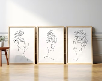 Wooden Framed Art set Single Line Art Print Woman With Flowers, Female Line Art, Minimalist Wall Art, Flower Woman Line Art