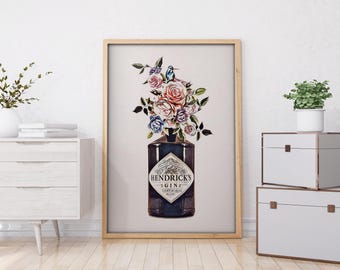 Wooden Framed Hendricks Floral Gin Bottle Print | Kitchen Wall Art Print | floral Gin | Framed & Unframed | Home Decor