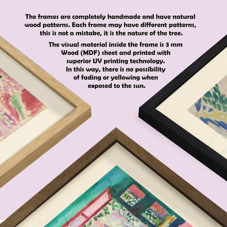 Puede incluir: Tres obras de arte enmarcadas con marcos de madera de diferentes colores: marr&oacute;n claro, marr&oacute;n oscuro y negro. Los marcos est&aacute;n hechos a mano y tienen patrones de madera natural. El material visual dentro del marco es una l&aacute;mina de madera (MDF) de 3 mm.