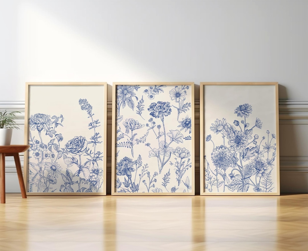 Wooden Framed Blue Botanical Wall Art Chinoiserie Wall Art, 3 Piece ...