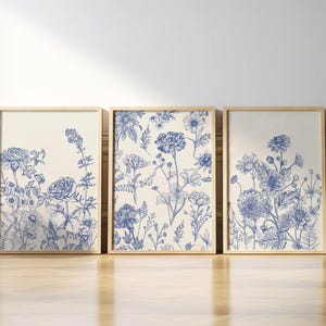 Wooden Framed Blue Botanical Wall Art Chinoiserie Wall Art, 3 Piece Wall Decor Minimalist Wall Art, Botanical Print Set