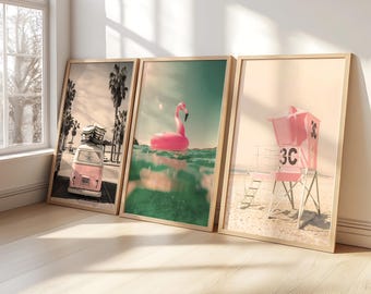 Beach Wooden Framed Set of 3 Prints Set Surfboard Art Teen Girl Room Decor Pastel Blue Pink Beach Surf Print Coastal Tropical Print Ocean