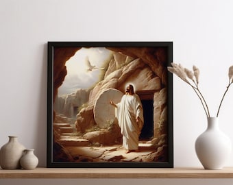 Jesus leeres Grab, er ist auferstanden Holzwandkunst, er ist auferstandene druckbare Jesusmalerei Ostern Jesus Druck Jesusauferstehung Wandkunst,