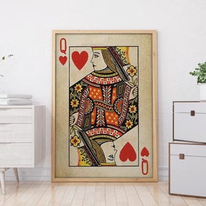 Rustieke hartenkoningin vintage ingelijste print | Vintage muurkunst poker speelkaarten print | Expressbezorging | Ingelijste poster Eigenzinnig decor