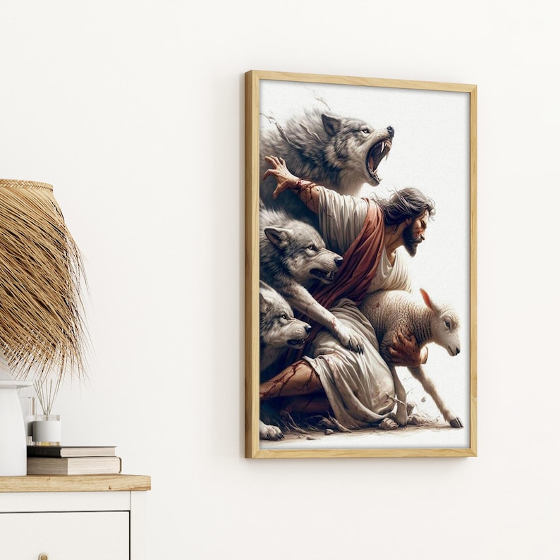 Puede incluir: Una impresi&oacute;n enmarcada representa a un hombre con t&uacute;nicas blancas y rojas, rodeado de lobos y un cordero. La obra de arte tiene un tema religioso, con el hombre pareciendo proteger al cordero de los lobos. El marco es de color marr&oacute;n claro.