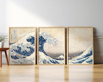 Japanese Prints Set of 3 - Kanagawa Print, Woodblock Art, Japanese Wall Art, Gallery Wall Art, Great Wave Print, Hokusai Prints,Kanagawa Art