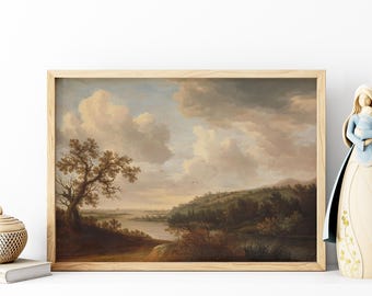 Vintage Landscape Duża sztuka ścienna w drewnianej ramie Wydruk Rzeka na skraju lasu Natura Dzicz, Zielona sztuka, Sztuka vintage, Sztuka minimalistyczna