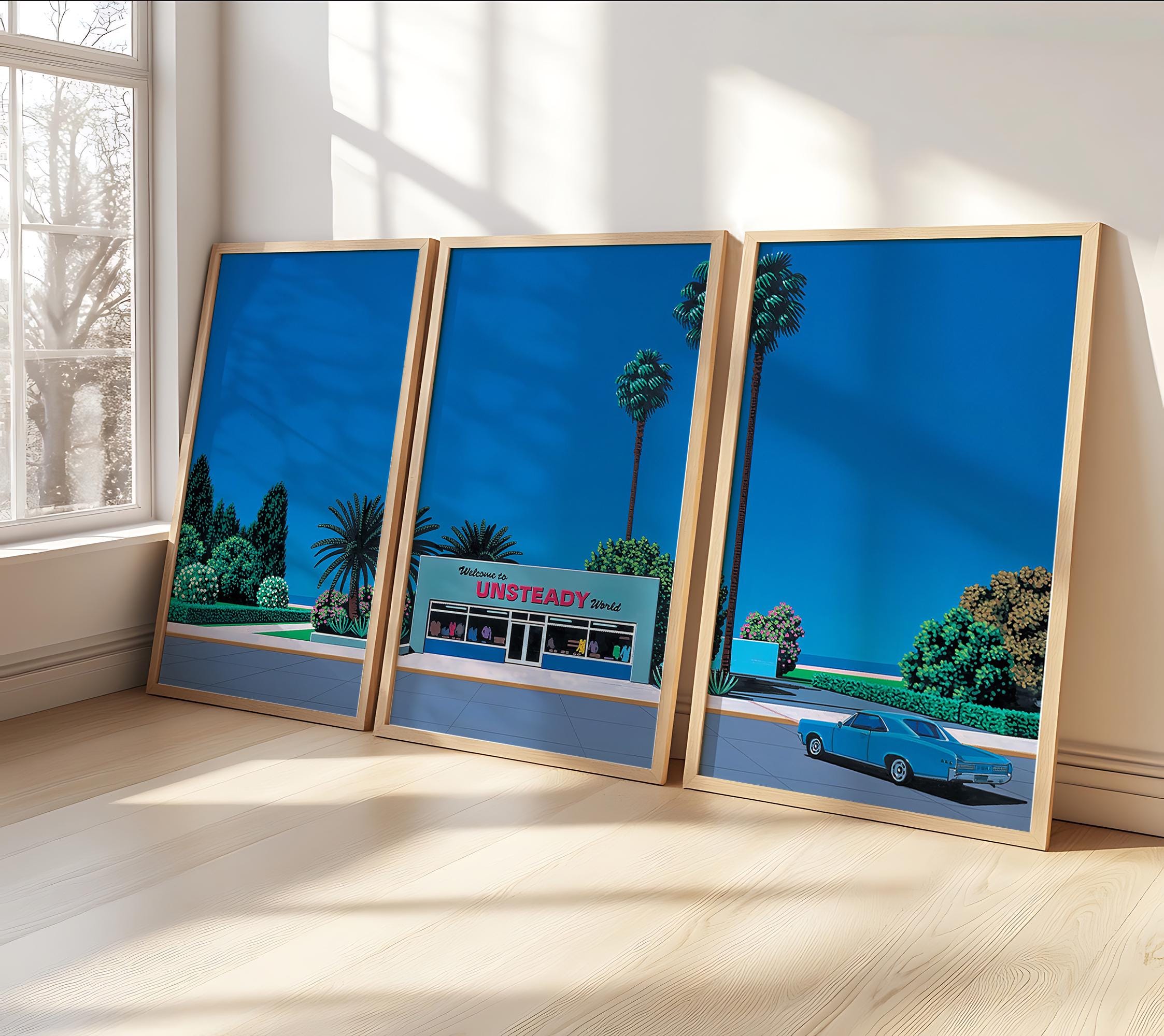 Unsteady World by Hiroshi Nagai Set of 3 , Wooden Framed Art