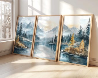 Tranquil Mountain Lake  3 Piece Wooden Framed Art | Watercolor Mountain Landscape | Abstract Nature Print | Modern Minimal Decor