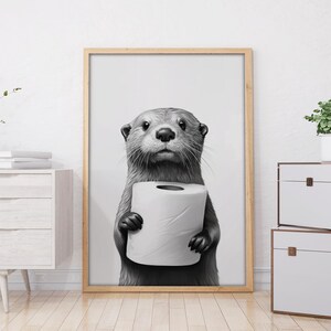 Póster de nutria, animal, baño, marco de madera, regalo de nutria, arte de nutria, decoración de pared para baño, póster en blanco y negro para baño