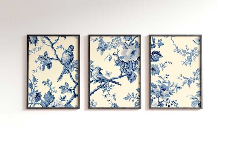 Antique Vintage Blue Chinoiserie Wooden Framed Set of 3 Botanical ...