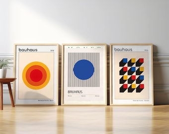 Juego de 3 carteles enmarcados en madera de la exposición Bauhaus / Juego de pósteres minimalistas contemporáneos modernos sobre lienzo