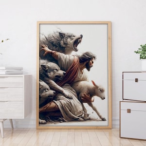 Puede incluir: Una impresi&oacute;n art&iacute;stica enmarcada representa a un hombre con t&uacute;nicas rodeado de lobos y un cordero. La obra de arte utiliza una paleta de colores claros, centr&aacute;ndose en las figuras y su interacci&oacute;n. El marco es de color madera clara.