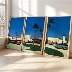 永井博「In the beginning Stonestowni」3枚セット、木製フレームアート、日本のレトロな壁掛けプリント、80年代の美的装飾、