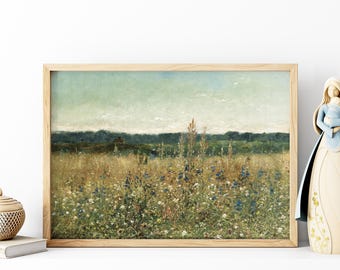 Arte mural de paisaje con campo de flores silvestres, pintura al óleo, impresión artística de pared grande, lienzo enmarcado, decoración de pared natural, paisaje rústico campestre, arte vintage