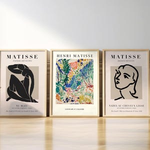 May include: Three framed art prints featuring works by Henri Matisse. The prints are titled "Nu Bleu", "Landscape at Collioure", and "Nadia au Cheveux Lisse".