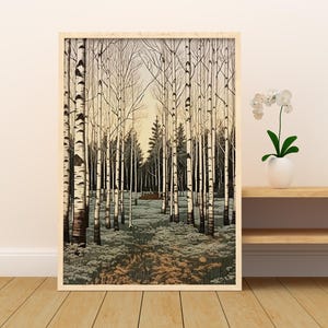 Stampe artistiche da parete su tela con cornice in legno, stampa artistica di paesaggio di foresta di betulla bianca, stampa artistica minimalista di natura, decorazione da parete per soggiorno.