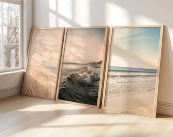 Coastal Wooden Framed Set of 3 Prints Above Bed Wall Decor Beach Wall Art Bedroom Print Set Beach Poster Ocean Art Print Neutral Wall Art