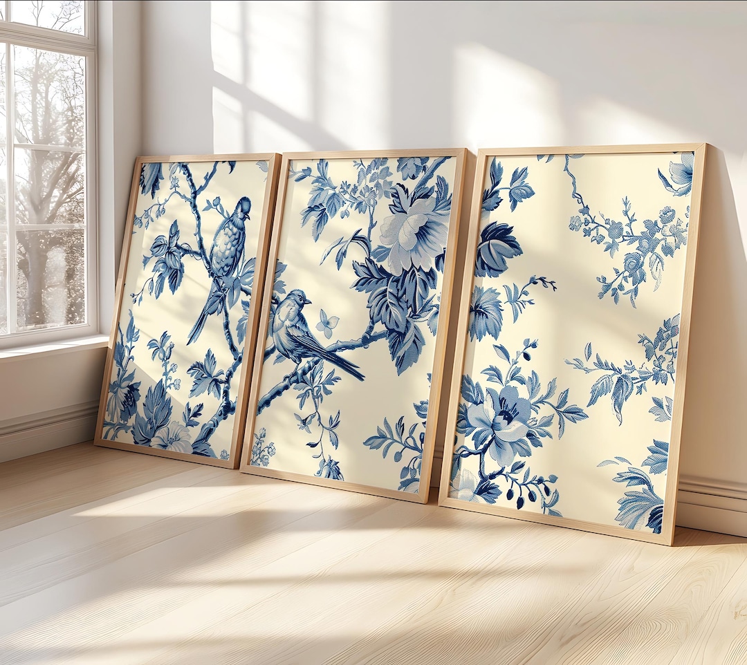 Antique Vintage Blue Chinoiserie Wooden Framed Set of 3 Botanical ...