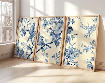 Antique Vintage Blue Chinoiserie Wooden Framed Set of 3 Botanical Posters