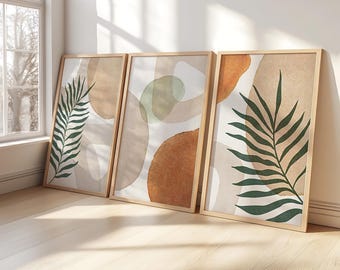 Set of 3 Wooden Framed Set , Warm Neutral Tones Wooden Framed Wall Art, Modern Rustic Decor, Minimalist Abstract Shapes Prints Set