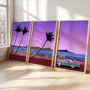 概要 永井博作「Pavement」3枚セット、木製フレームアート、日本のレトロな壁掛けプリント、80年代の美的装飾、ヴィンテージの海岸ポスター