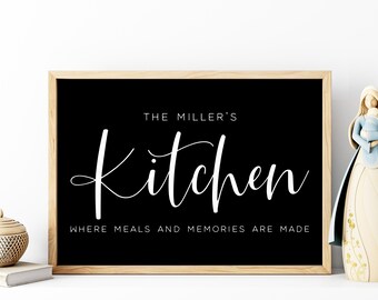 May include: A framed black sign with the text "The Miller's Kitchen" in white script. Below the text is the phrase "Where meals and memories are made." A decorative jar and a figurine are on either side of the sign.
