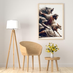 Puede incluir: Impresi&oacute;n art&iacute;stica enmarcada que representa una escena b&iacute;blica. Una figura con t&uacute;nicas blancas est&aacute; rodeada de lobos y un cordero. La obra de arte tiene un marco de madera clara y se exhibe en una pared blanca. Una silla de madera, una mesa auxiliar y una l&aacute;mpara de pie est&aacute;n en primer plano.