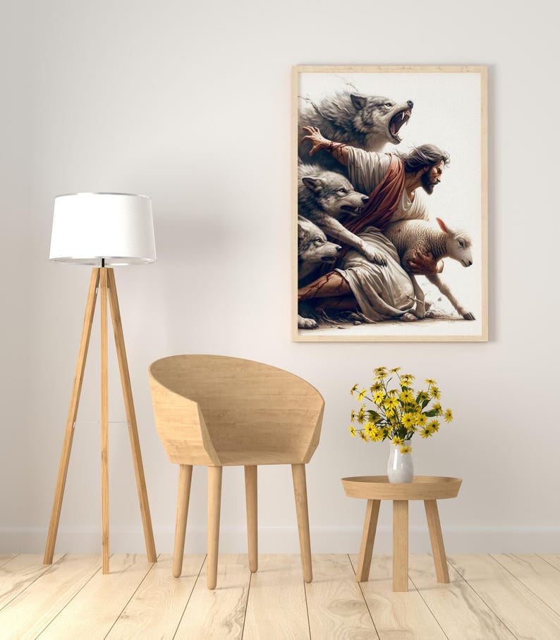 Puede incluir: Impresi&oacute;n art&iacute;stica enmarcada que representa una escena b&iacute;blica. Una figura con t&uacute;nicas blancas est&aacute; rodeada de lobos y un cordero. La obra de arte tiene un marco de madera clara y se exhibe en una pared blanca. Una silla de madera, una mesa auxiliar y una l&aacute;mpara de pie est&aacute;n en primer plano.