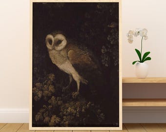 Dipinto di gufo antico con cornice in legno / Stampa artistica da parete Dark Academia / Stampa di uccelli rustici e malinconici / Stampa artistica da parete con animali vintage